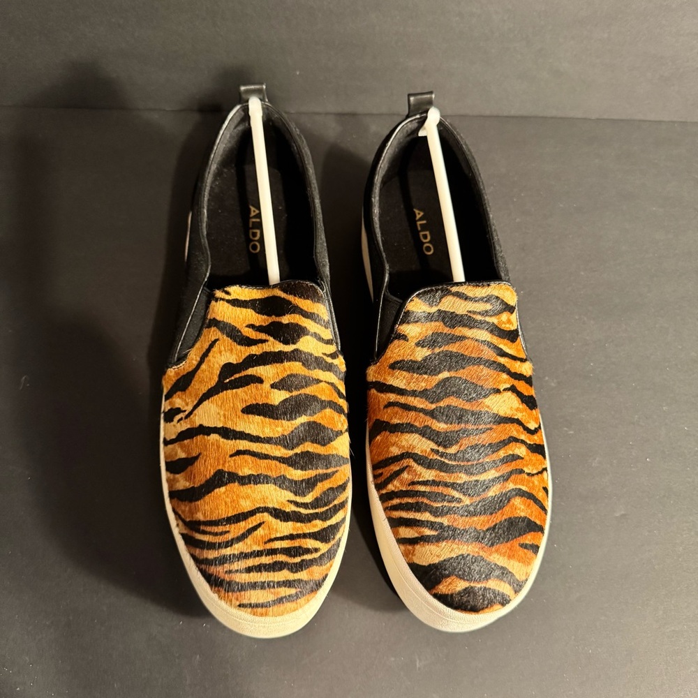 Aldo Black and Orange Sneakers with Bold Tiger Print